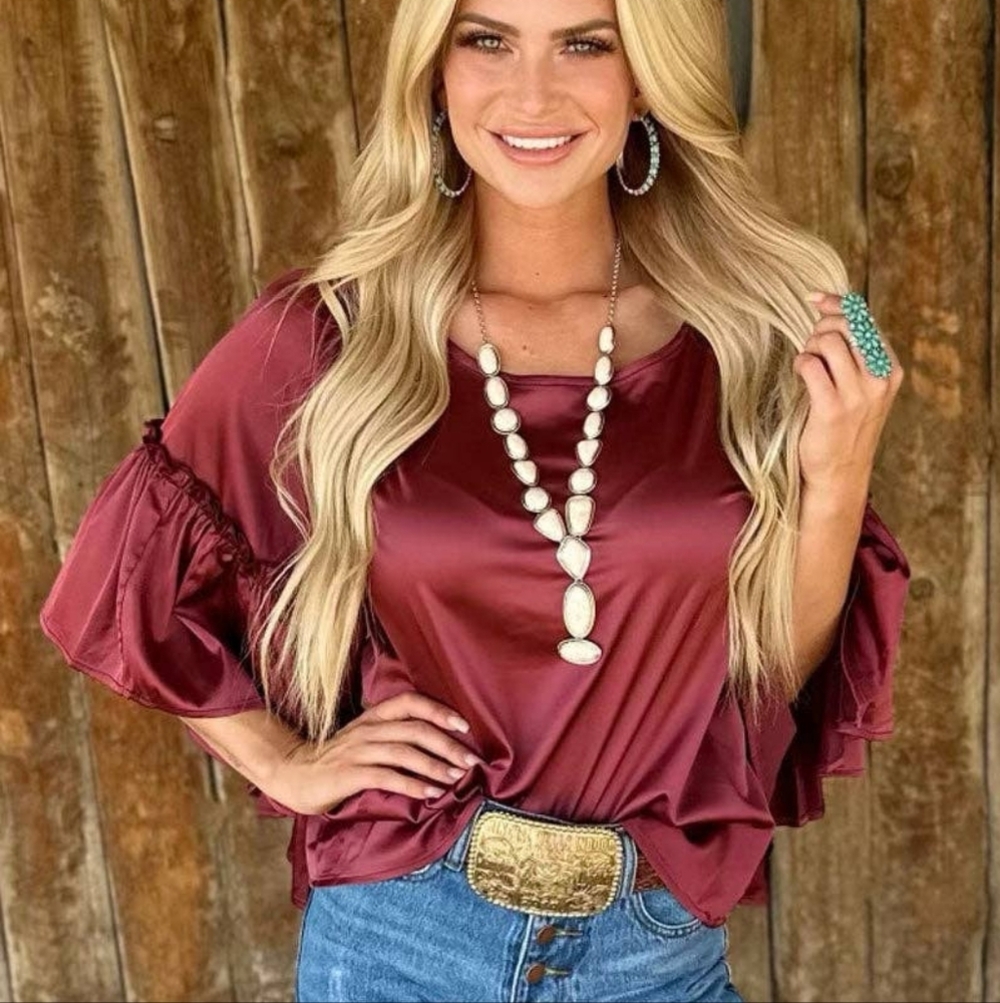 NWT Elegant Burgundy Wine Satin Blouse
